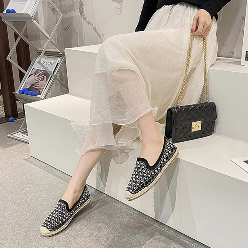 Women Hemp Espadrilles Femmes Rubber Loafers Fisherman Trendy Moccasins Oxford Woman Crystal Pearl Flats Shoes