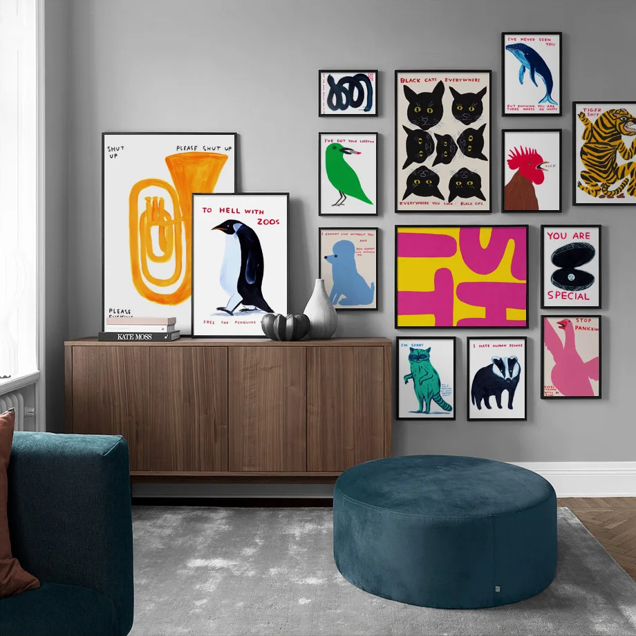 

David Shrigley Penguin Tiger Whale Shell Cat Wall Art Prints Canvas Nordic Poster Painting Wall Pictures For Living Room Decor