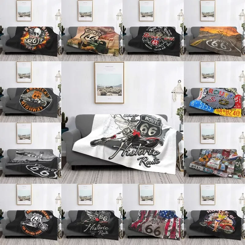 

NEW US 66 Biker Blanket Soft Flannel Fleece Warm Route 66 America Highway Motorcycle Throw Blanket for Home Bedroom Couch Bedspr