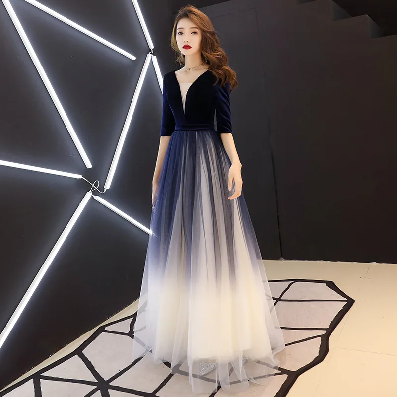 

Dark Blue Gradient Long Evening Dress Sexy Illusion Deep V-neck Vestido Longo Festa Elegant Half Sleeves Suknie Wieczorowe