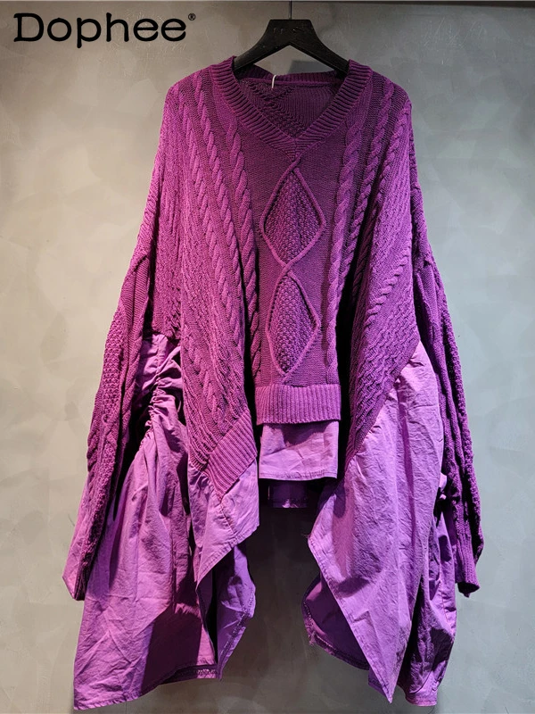 Женский трикотажный свитер с длинным рукавом V-образным вырезом и оборками по