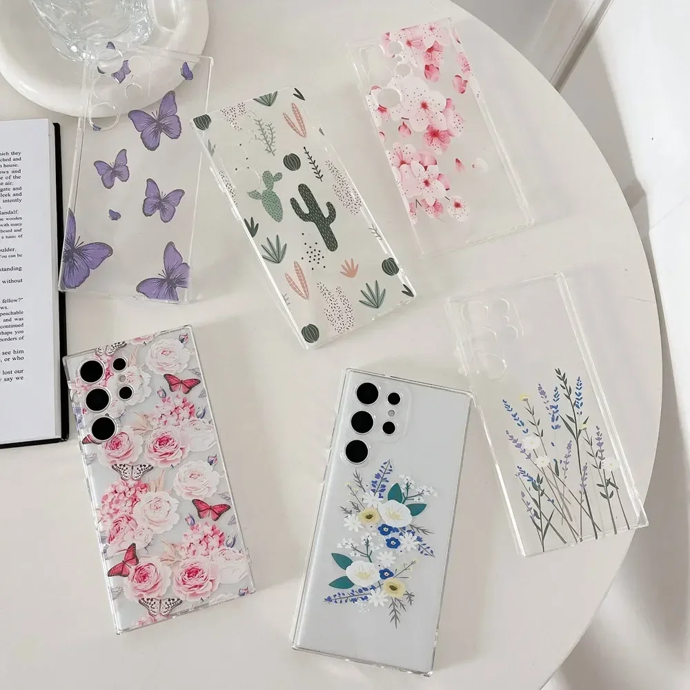 Милый чехол для телефона с рисунком бабочки и цветка Samsung S24 Ultra S22 S21 S20FE прозрачный