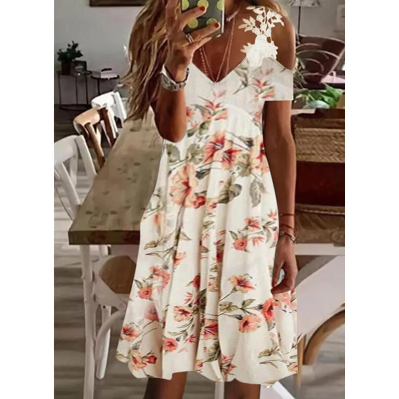 

Sleeveless Floral Lace Sleepwear Women Above Knee, Mini Faux Cotton Print Off-Shoulder Short Sleeve Sleeping Dress Nightgowns