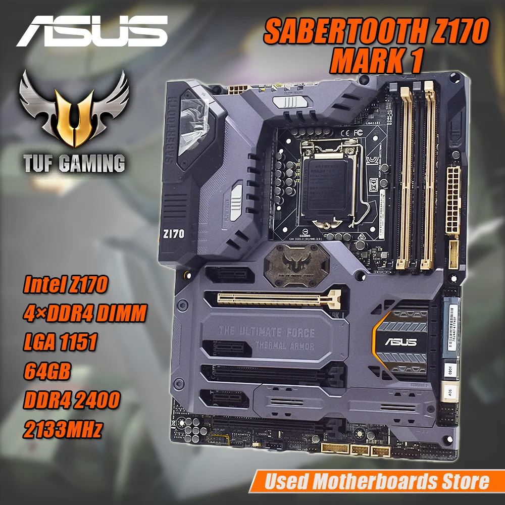 

Материнская плата ASUS SABERTOOTH Z170 MARK 1, материнская плата 1151 DDR4 Intel Z170 с поддержкой Core i7 7700K процессоры 64 Гб 2400 МГц PCI-E X16 M.2
