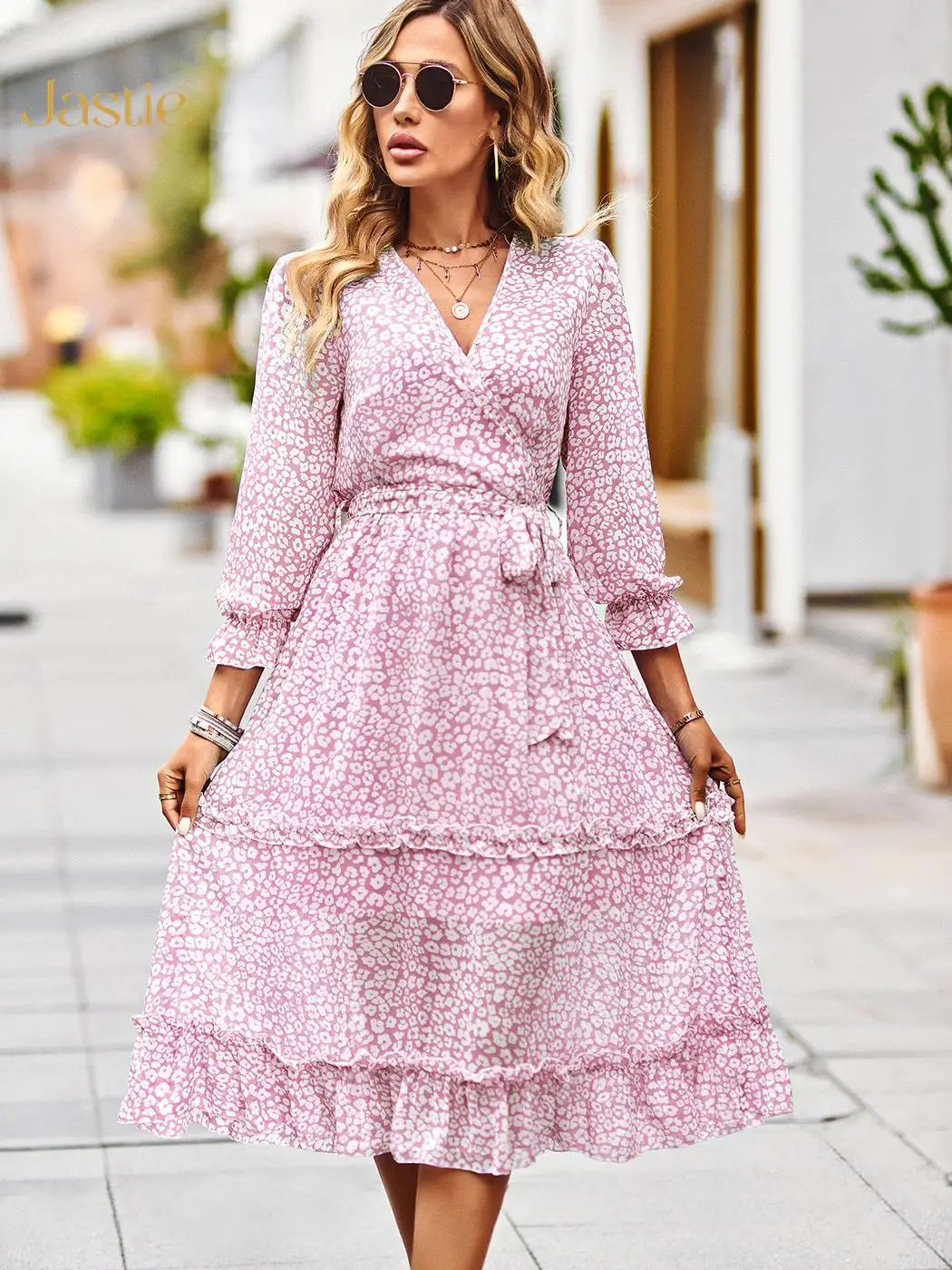 

Jastie/женские Платья с цветочным принтом; Коллекция 2023 года; Сезон весна-лето; Повседневное пляжное платье с v-образным вырезом и рукавами три четверти; Длинные платья