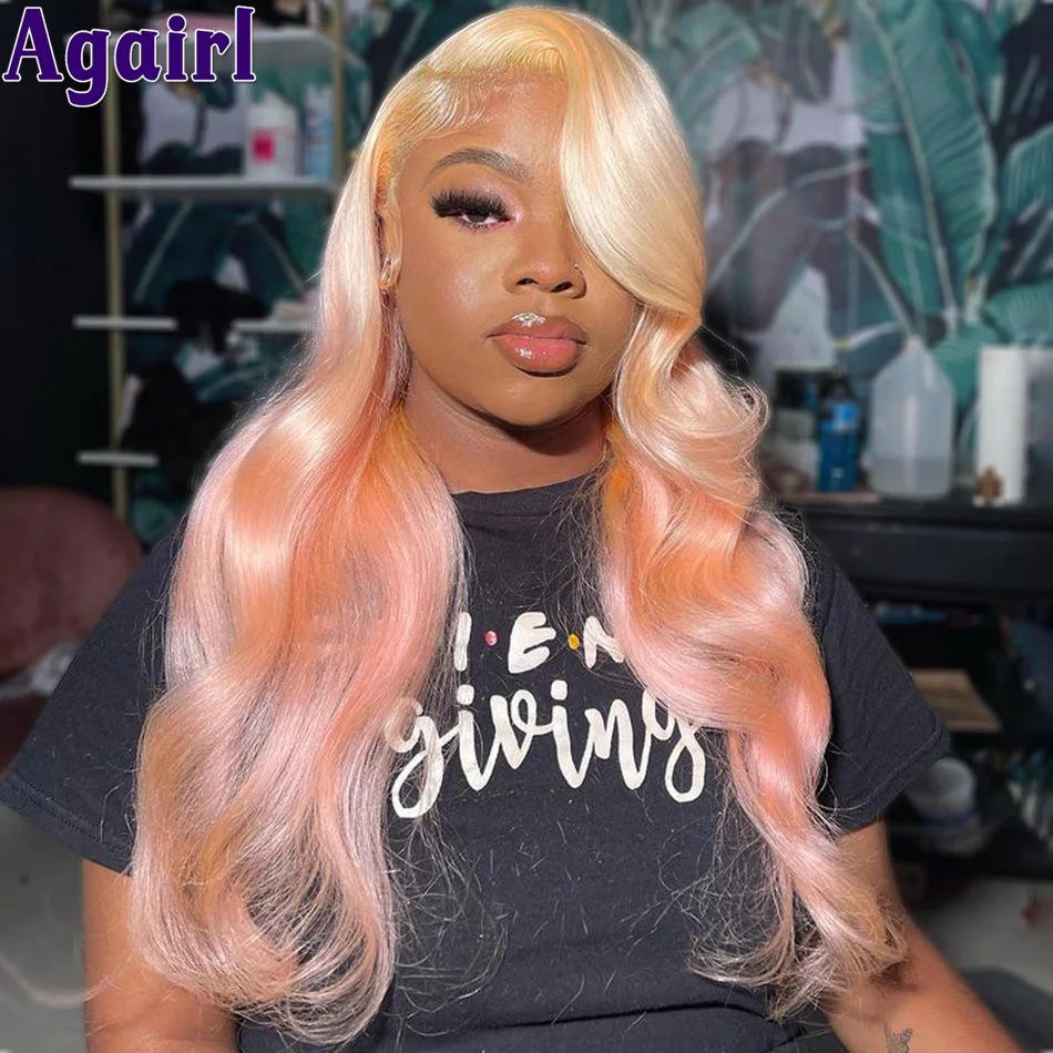 Ombre Blonde Pink 13x6 Body Wave Front Human Hair Wigs Peach Pink HD Transaprent Lace 13x4 Frontal Wavy Wig PrePlucked for Women