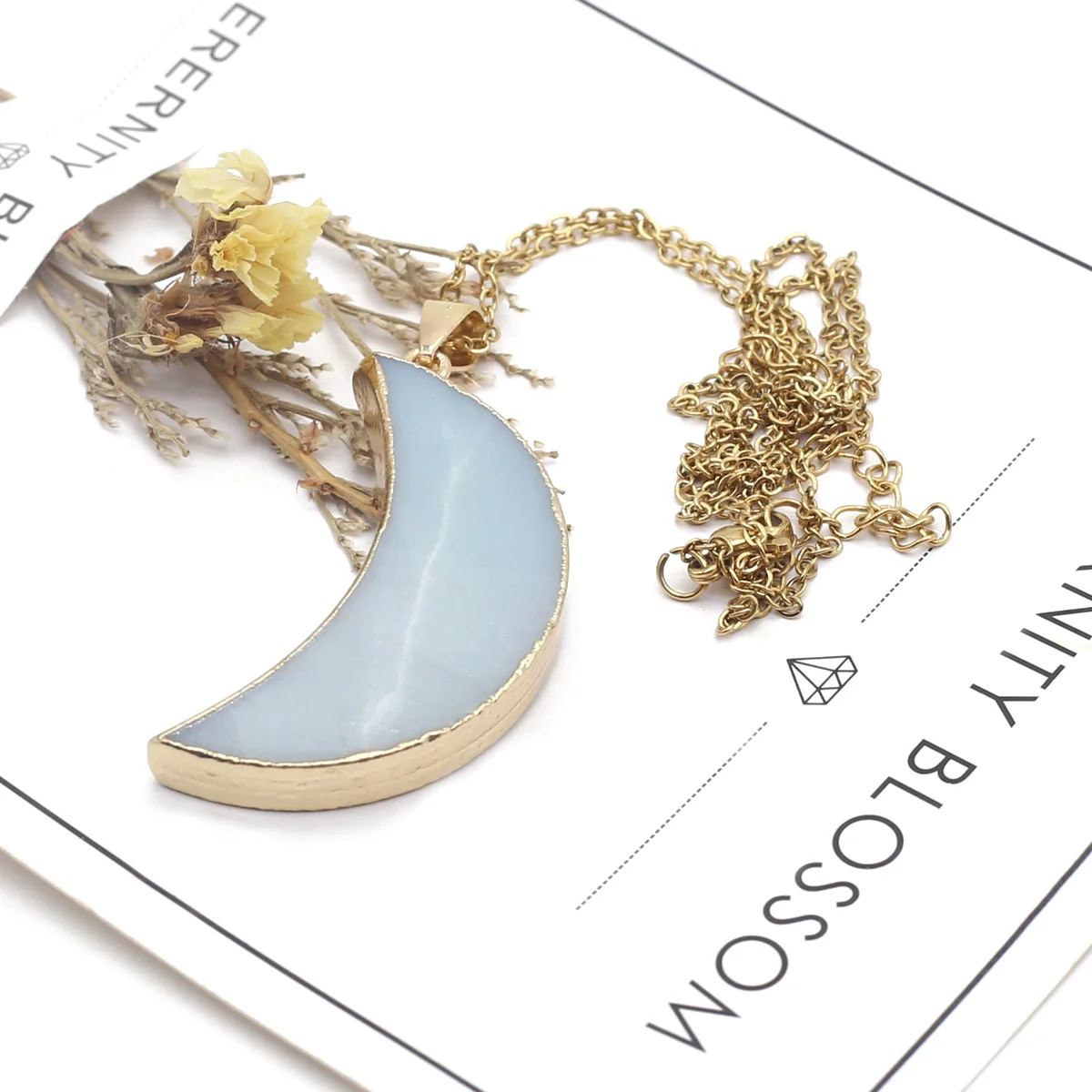 

Moon Round Oval Hexagon Golden Link Chains Crystals Charms Necklace Natural Amazonite Stone Pendant Necklaces For Women Jewelry