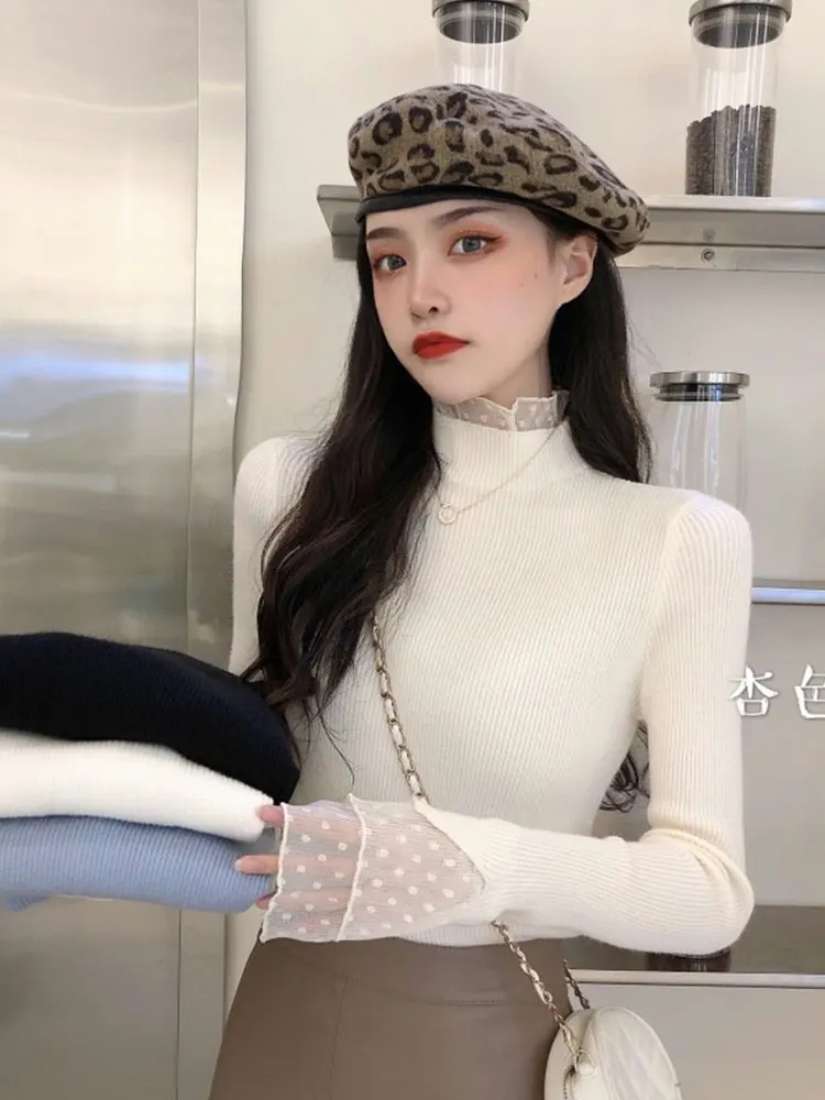 Вязаный кружевной свитер с полувысоким воротником облегающий дизайн Sense Chic Advanced