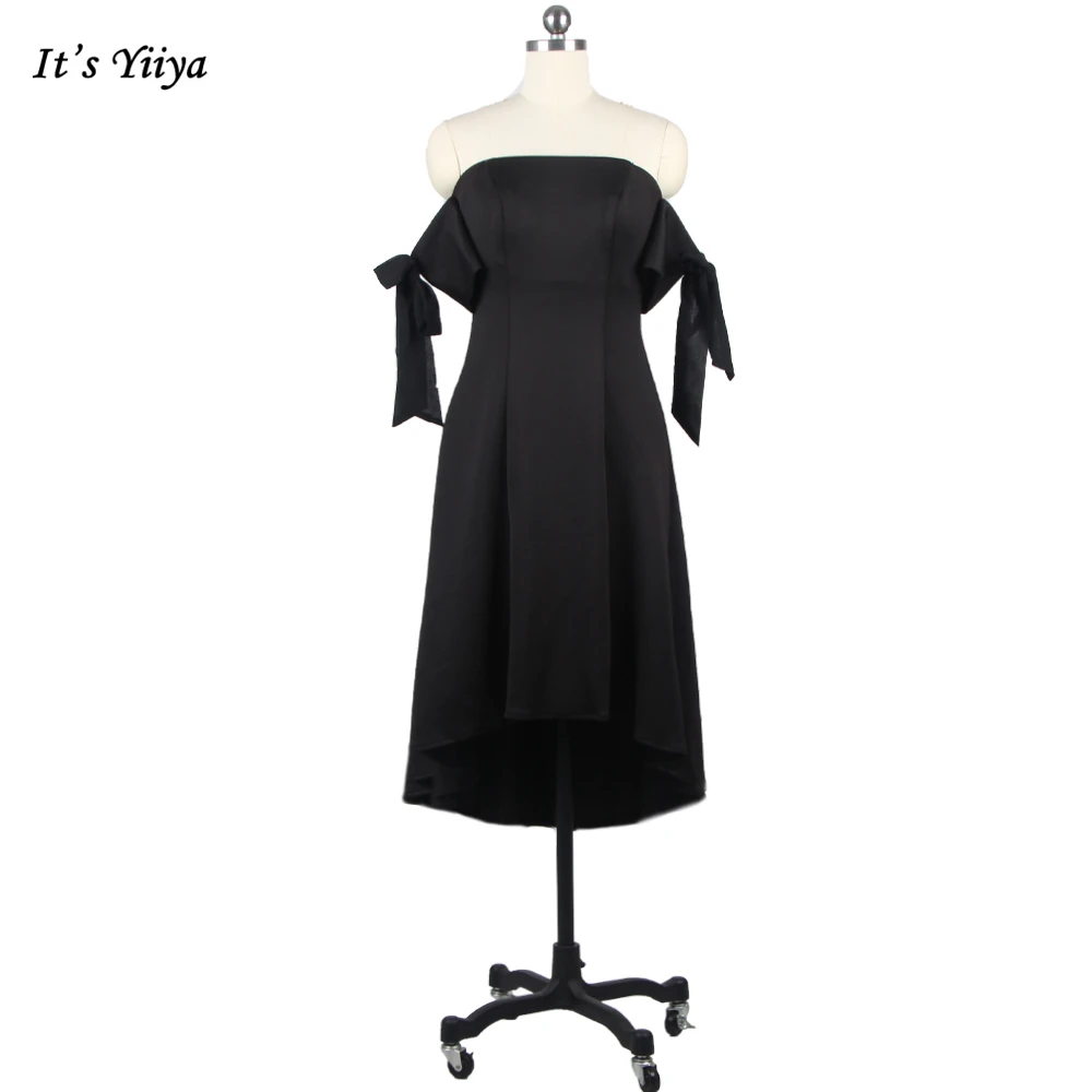 

Женское вечернее платье It's YiiYa, черное трикотажное платье до середины икры размера 2 без бретелек с короткими рукавами и бантом на спине на лето
