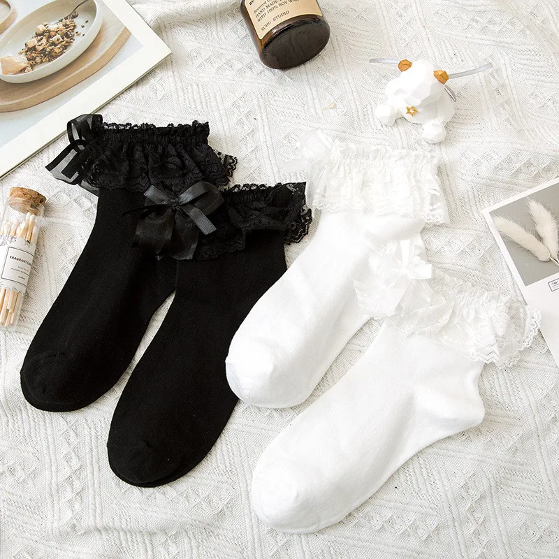

Japan Style Sweet Girls Kawaii Cute Socks JK Lolita Lace Bowknot Ruffle Socks Women Fashion Solid Color Black White Short Socks