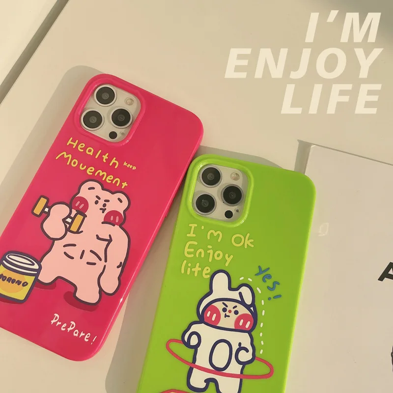 

Painted cartoon fitness bear fitness rabbit Phone Case For iphone14 13 12 11 ProMax X XR XSMAX 7 8Plus TPU silica gel Case Cover