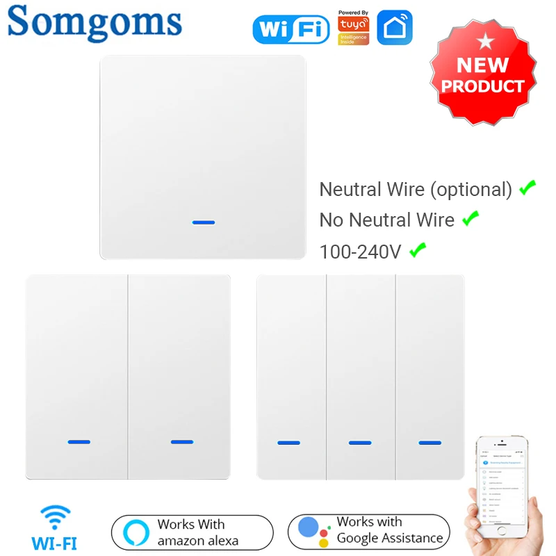 

Somgoms WiFi Smart Push Button Switch RF433 No Neutral Required Tuya APP Control Alexa Google Home Voice Control 2/3 Way