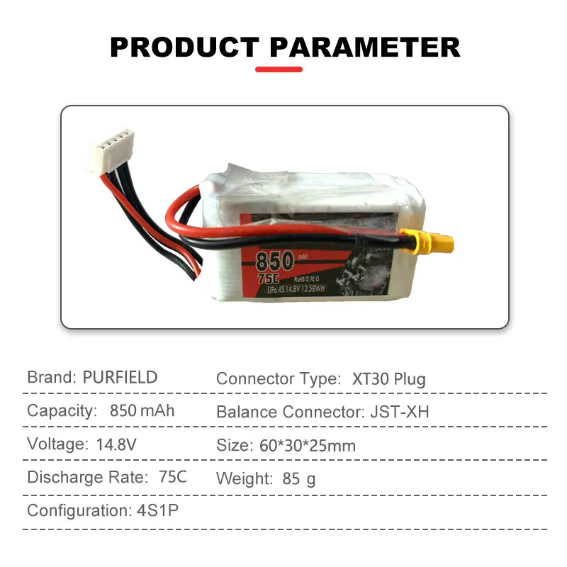 Purfield 850mAh 2S 4S Lipo Battery 14.8V 75C XT30 для FPV-дрона 150 размера гоночного мультироторного квадрокоптерного каркаса.