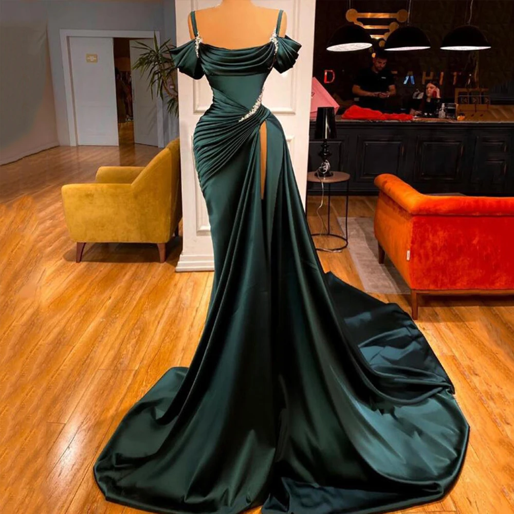 

Exquisite Evening Dresses Long Luxury 2022 Spaghetti Straps Square Collar Prom Dress Satin Trumpet Court Train Robes De Soirée
