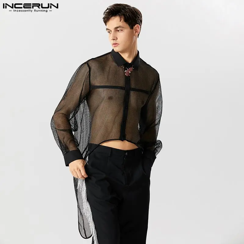 

2023 Men Irregular Shirt Mesh Patchwork Lapel Long Sleeve See Through Men Clothing Streetwear Sexy Fashion Camisas S-5XL INCERUN