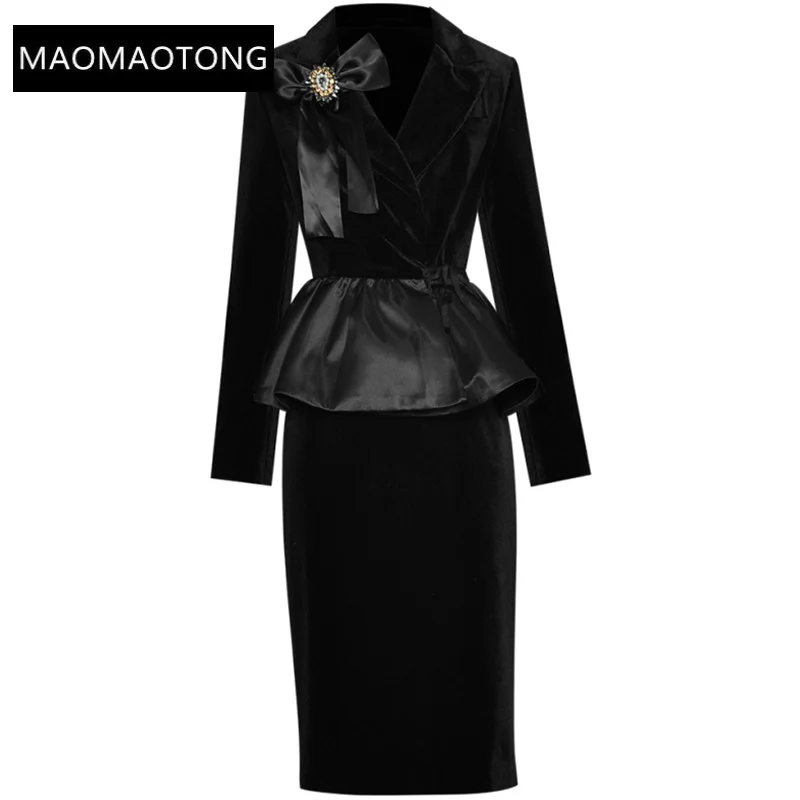 

elegant women's clothing luxury sets Winter Notched Bow Beading Long sleeve Ruffle Top + Black velvet Skirts Two Pieces Set