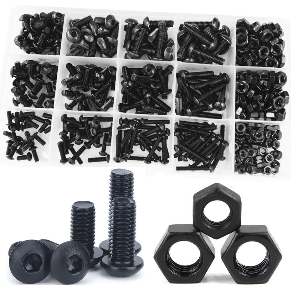 

431pcs M3 M4 M5 Hex Socket Round Head Black 10.9 Grade Steel Allen Hexagon Socket Pan Head Screw Bolt Nut Set Assortment Kit