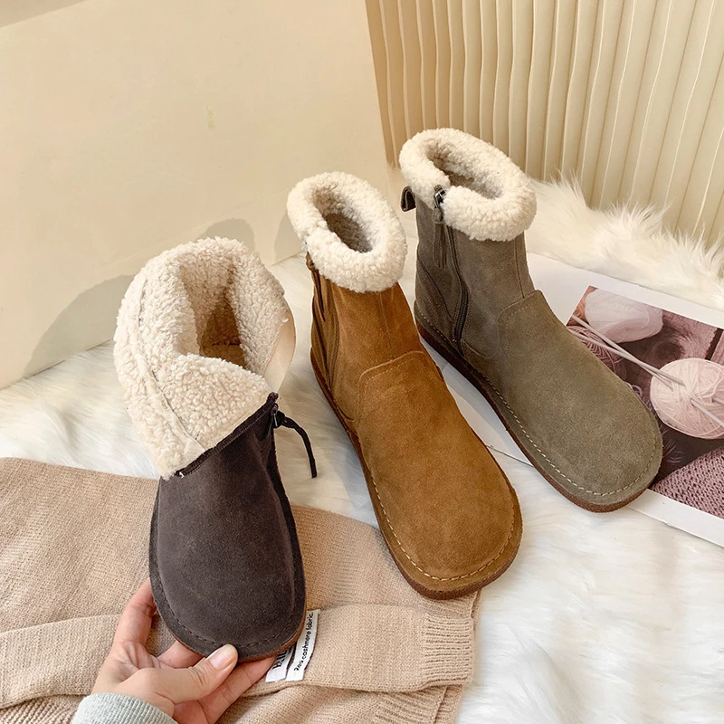 

Женская обувь на плоской подошве, зимняя обувь средней длины, новинка 2022, плюшевые теплые хлопковые ботинки с круглым носком, женская обувь