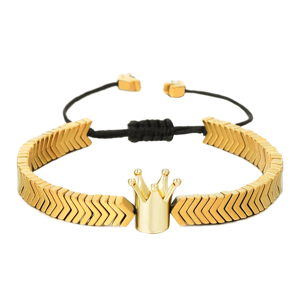 

Classic Copper Crown Bracelet Men Braided Rope Gold Color V Design Hematite Stone Bead Bracelet Adjustable Jewelry Accessories