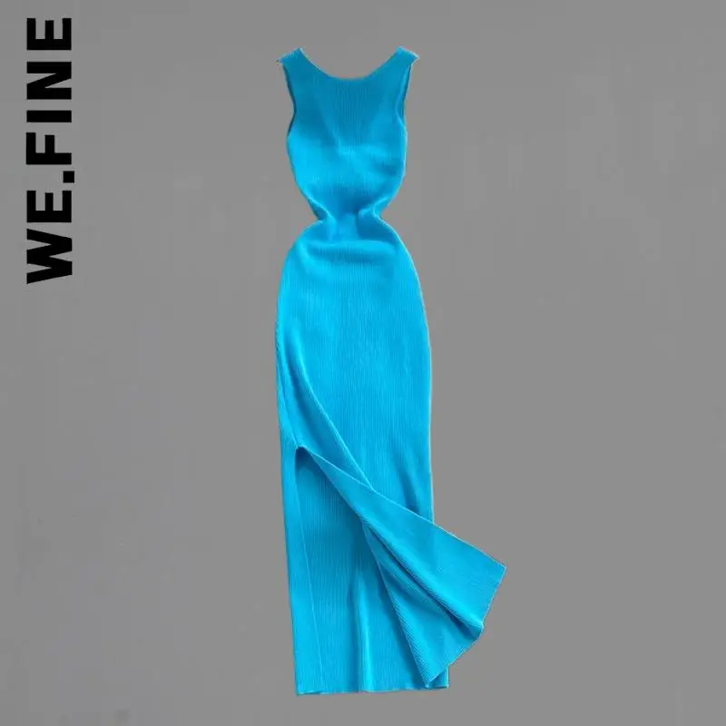

We.Fine Women Fashion Dress Hollow Out Twisted Back Sleeveless High Slit Sexy Knitted Dress Streetwear Korean Robe Vestidos