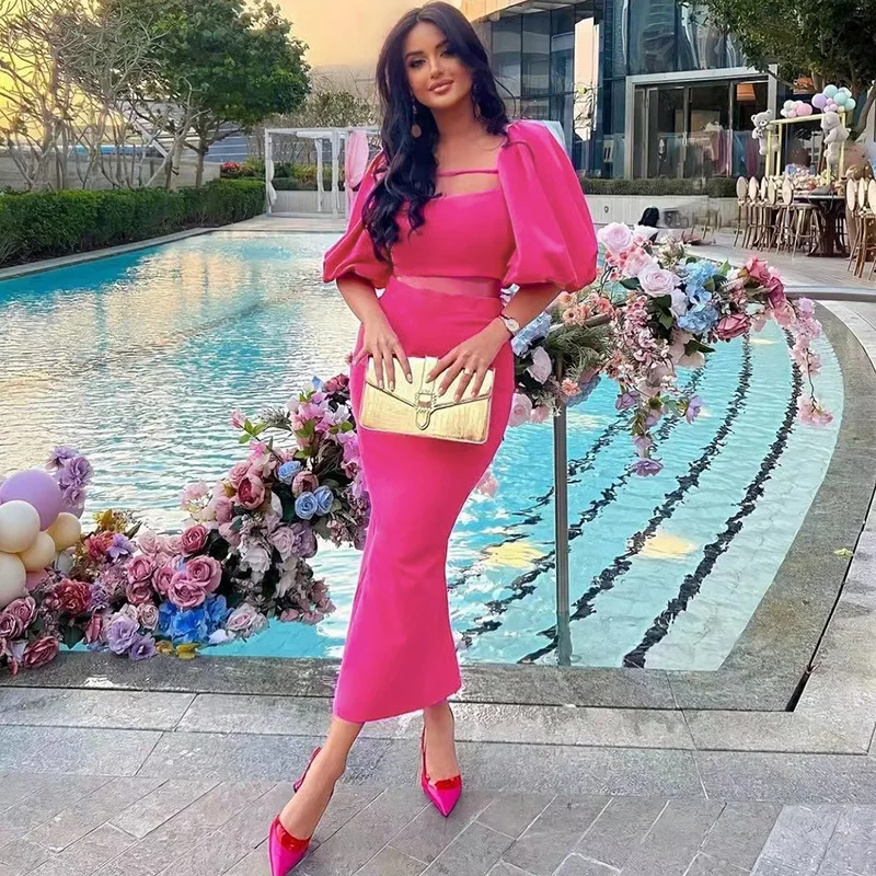 

Women Rose Red Skirt Sets Vintage Puff Sleeve Cropped Tops with High Waist Hip Skirt High Street Party Clothes Sets Women Clothe