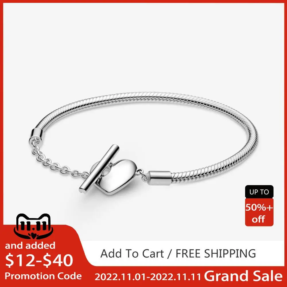 

Comfortable Original Silver 925 Moments Heart T Bar Snake Chain Bracelet For Women DIY Jewelry Everyday Style