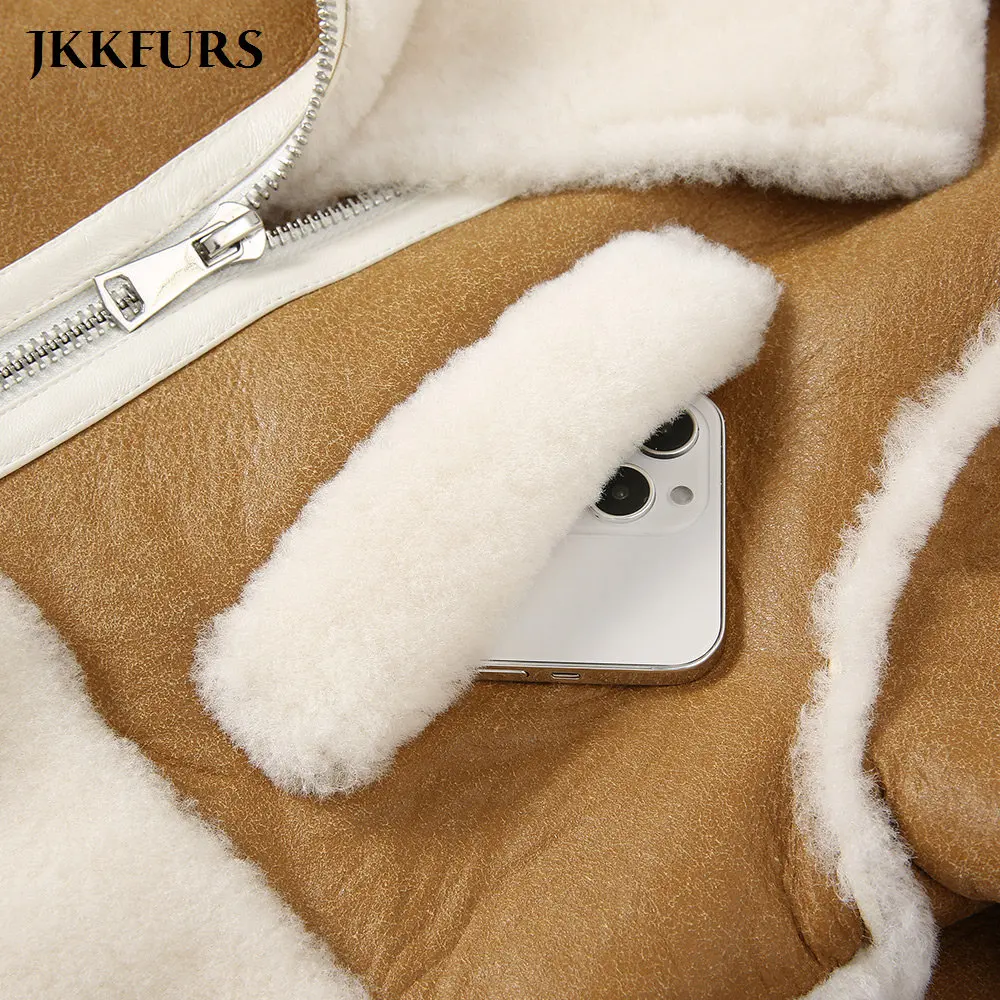 Women's Short Real Shearling Coat Genuine Lambskin Leather Coat Warm Real Wool Winter Double Face Jacket S3658
