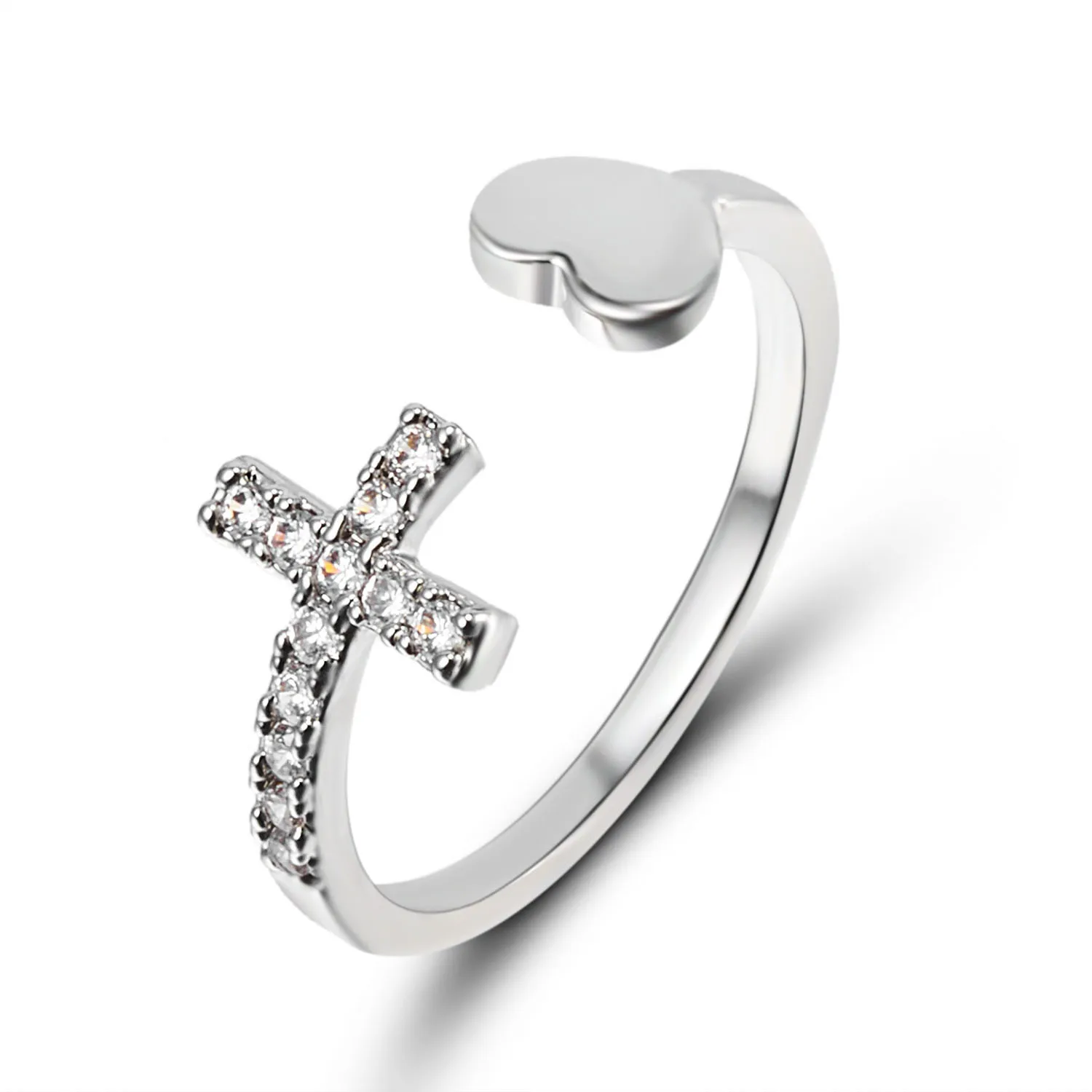 

1PC Silver Color Alloy Cross Heart Rhinestone Mosaic Opening Ring Simple Round Single Row Zircon Rings Fashion Party Jewelry