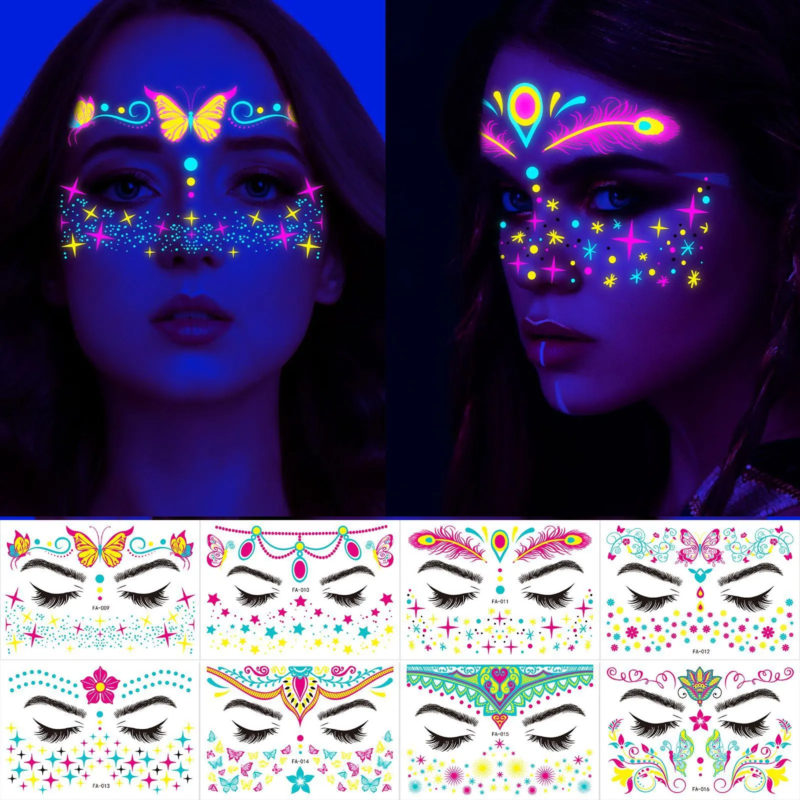 

Waterproof Temporary Tattoo Sticker Masquerade Neon Fluorescent Face Sticker Music Festival Glowing Fake Tattoo Makeup Glitter