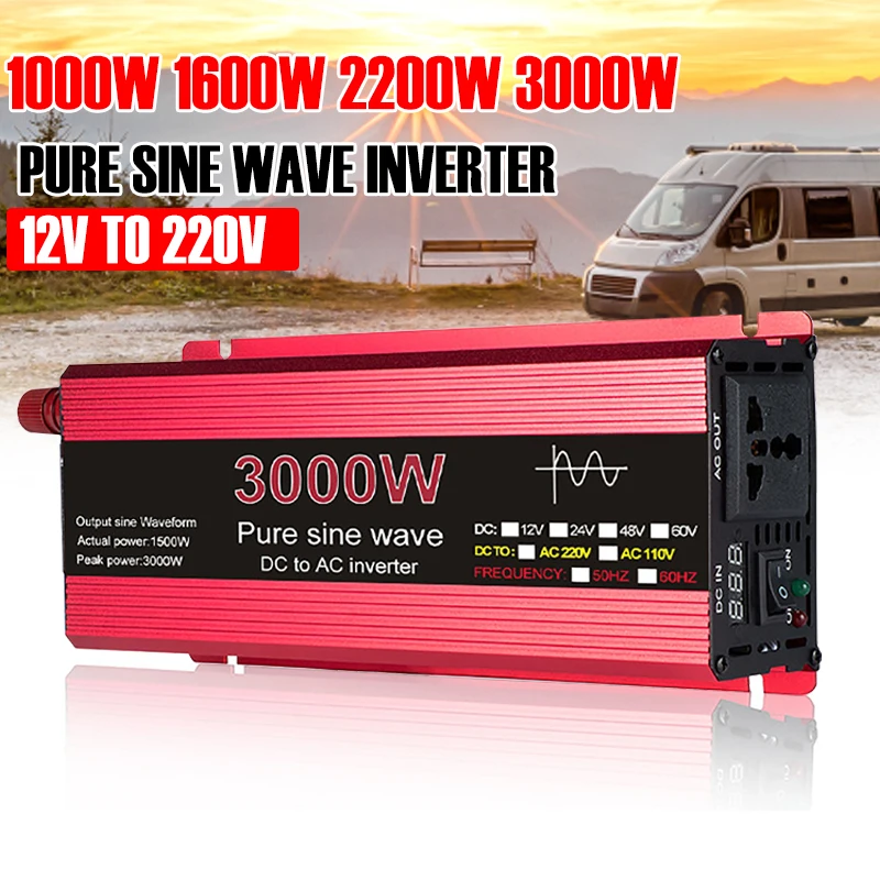 

1000W 1600W 2200W 3000W DC12V To AC 110V/220V Pure Sine Wave Inverter Voltage Transformer Power Converter Solar Car Inverter