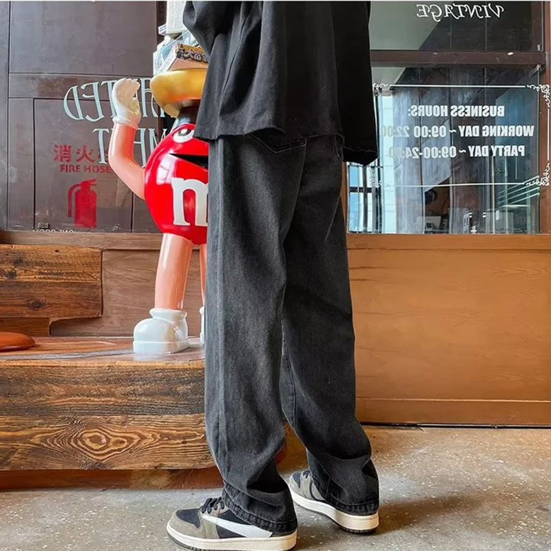 Streetwear Men 2022 New Style Vintage Splicing Recreational Blue Jeans Loose Straight Cylinder Broad Leg Trousers Autumn Female