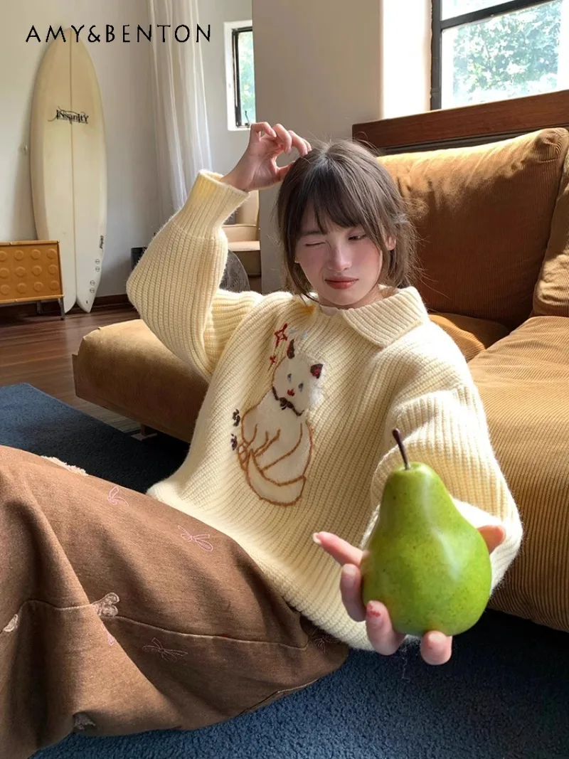 2024 новый корейский осенний воротник-поло контрастного цвета вязаный свитер с