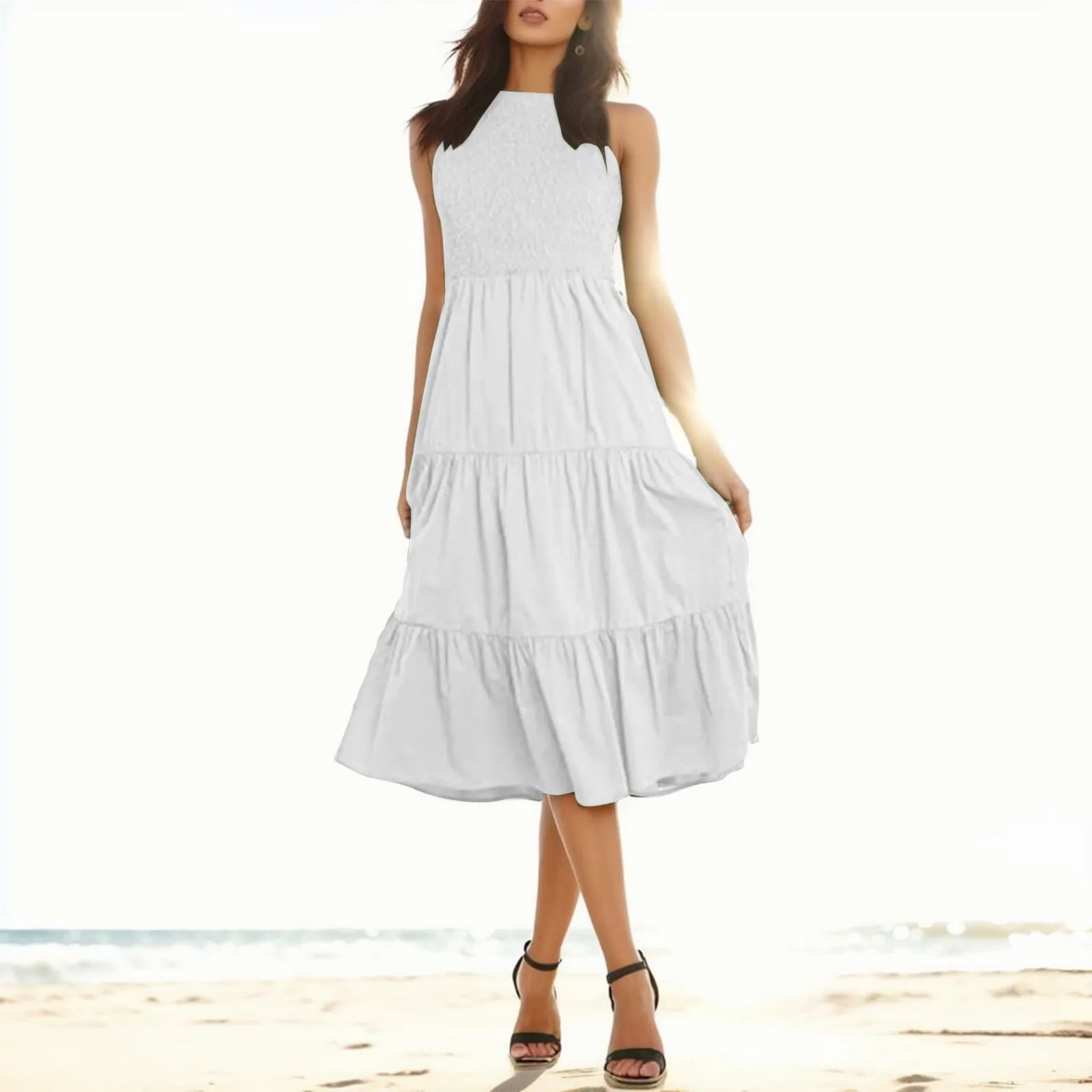 

Женское плиссированное платье без рукавов, элегантное многослойное Свободное платье с поясом на резинке и длинным рукавом, лето