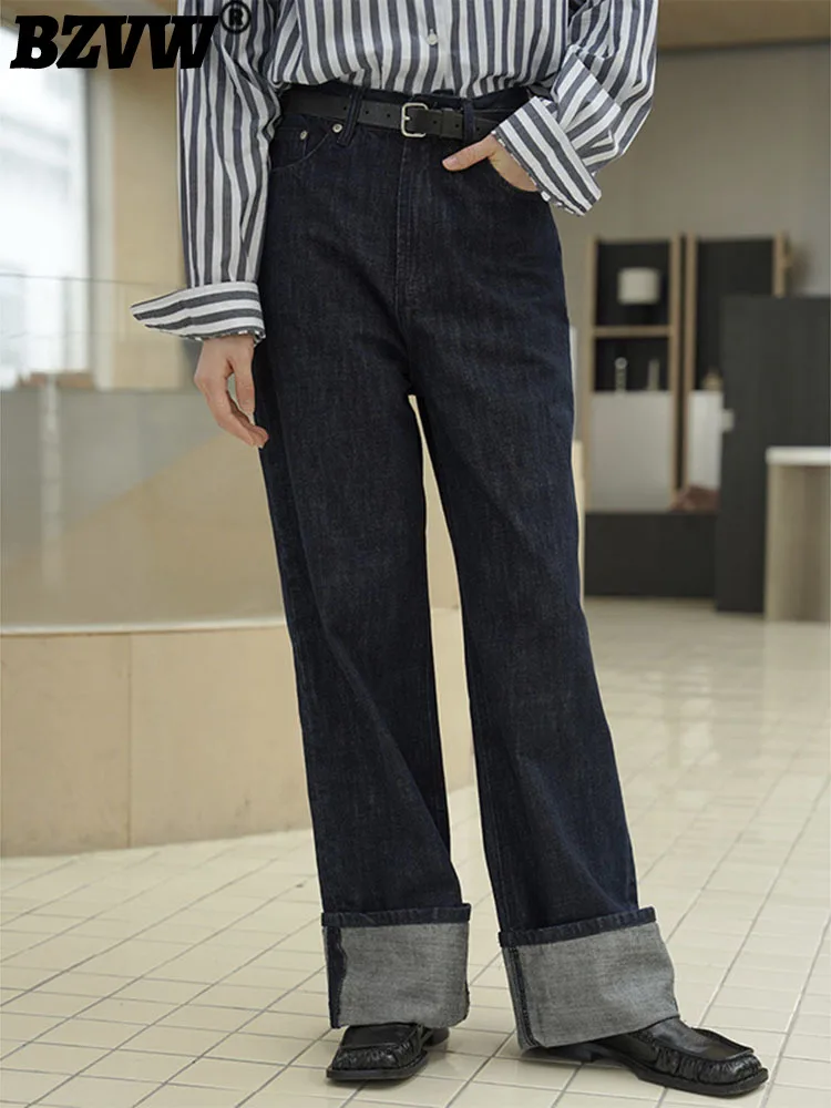 

BZVW Autumn Winter New Korean Trendy Contrasting Rolled Edge High Waisted Straight Leg Jeans 2023 Vintage Wide Leg Denim Trouser