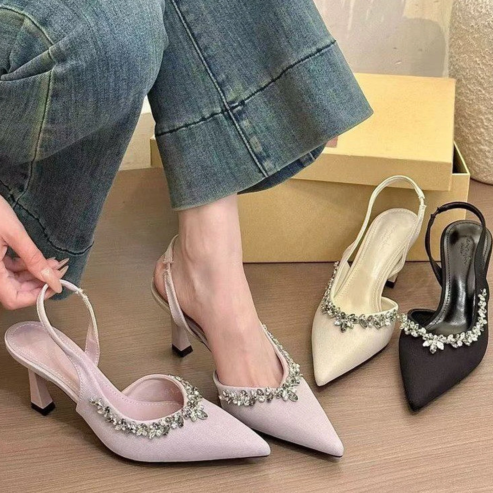 Женская обувь 2025 года темпераментные туфли со стразами на высоком остром каблуке