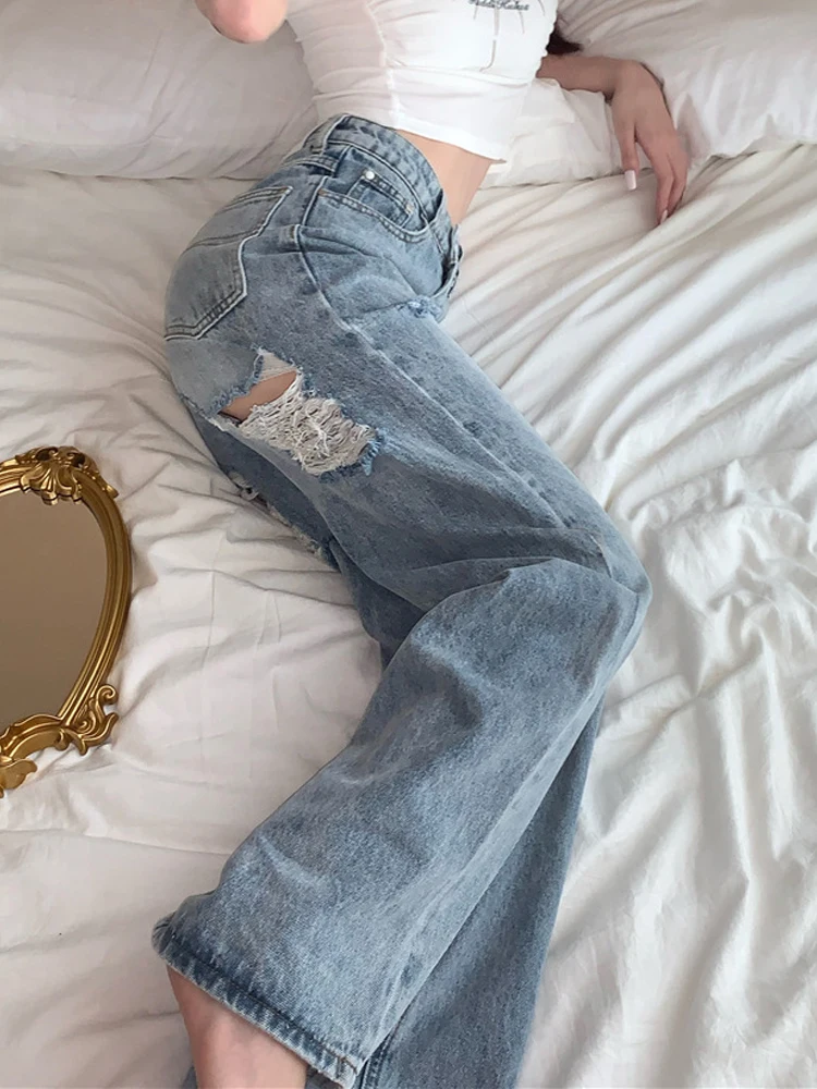 2023 Spring Clothes Summer Set Wide Leg Pants Women's High Waist Sexy Loose Jean Y2k Streetwear Women Ripped Blue Straight Jeans