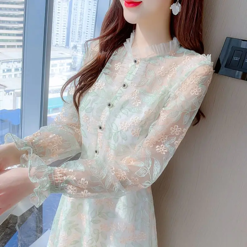 

Retro Style Lady Dress Vintage Mesh Stand Collar Long Sleeves Fairy Summer Solid Color Button A Line Midi Calf Vestido M597