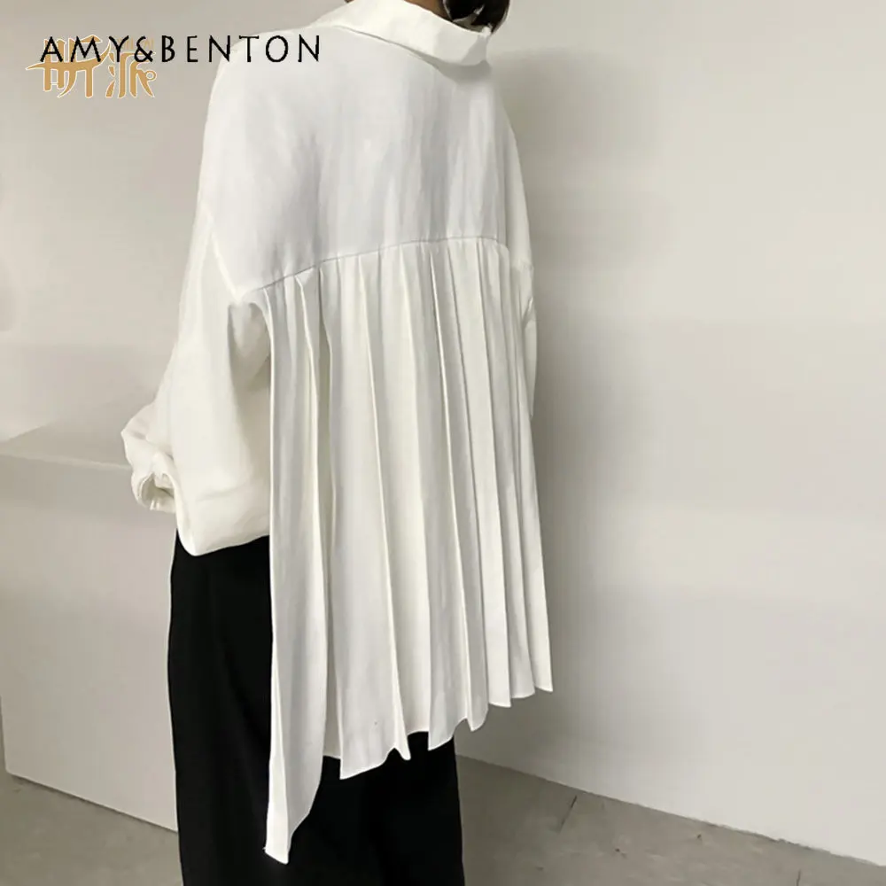 

Elegant Fahsion Irregular Solid Color Shirt Batwing Sleeve Back Pleated Western Style Blouse Loose Casual Tops for Women