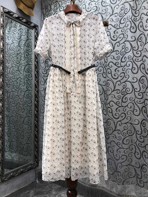 

2022 new women fashion short-sleeved bow tie print belt slim midi skirt temperament elegant dress 524
