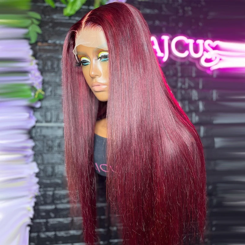 

99J Burgundy Lace Front Wig Straight Colored Human Hair Wigs For Women Dark Red Wig Pre Plucked Remy Hair