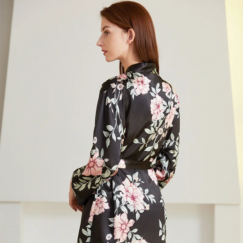 Floral Print Black Color Luxury Women Pjs Silk Pajamas Set Long-Sleeve Autumn Winter Sleepwear Nightwear Set For Women Homewear