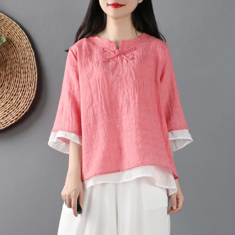 

Autumn Women Chinese Traditional Style Tops Cotton Linen Loose Blouses Cheongsam Female Vintage Pink Hanfu Shirts Tang Blouses