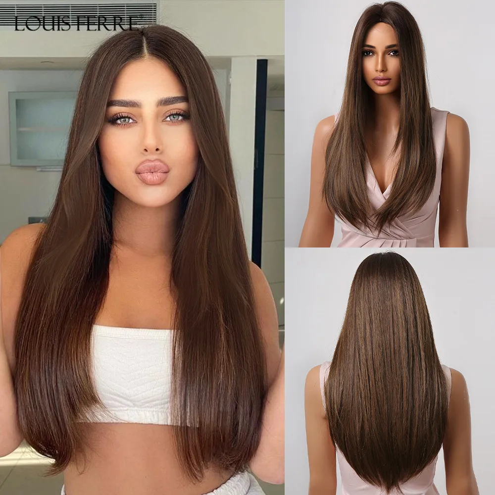 

LOUIS FERRE Honey Brown Straight Wigs for Black Women Long Brown Synthetic Wig Dark Brown Natural Looking Hair High Temperature
