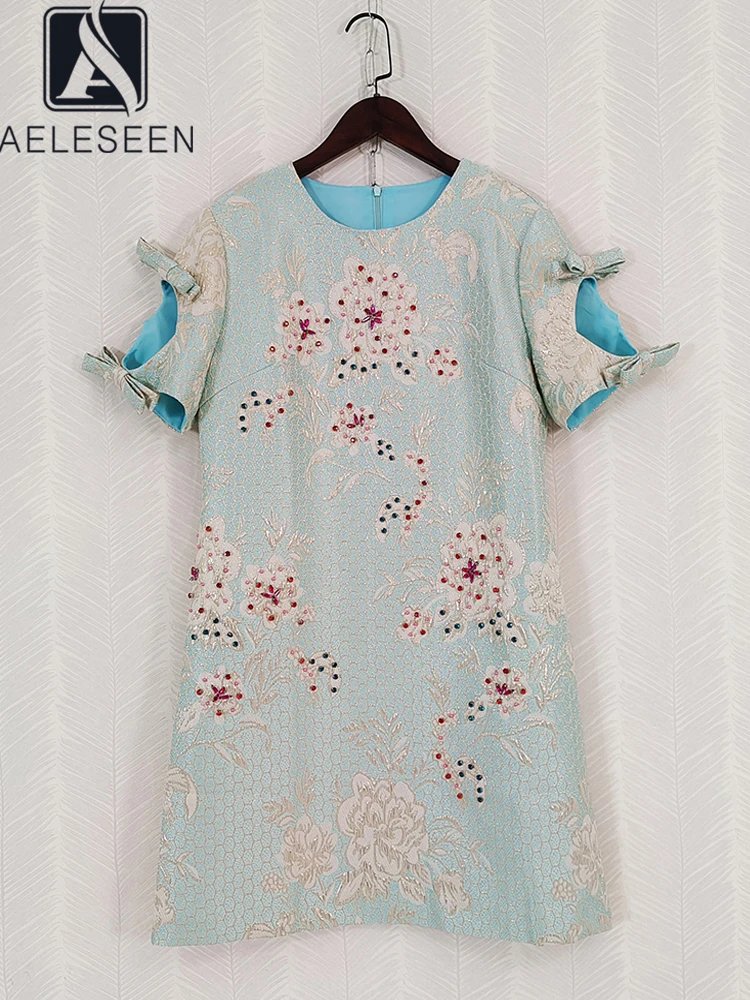 

AELESEEN Runway Fashion Women Summer Dress Hollow Out Bow Blue Flower Print Crystal Beading Pearls Jacquard Vacation Holiday