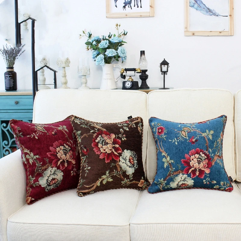 

blue/red/brown European jacqurad flower cushion cover pastoral chenille pillowcase thicken pillow cover backrest