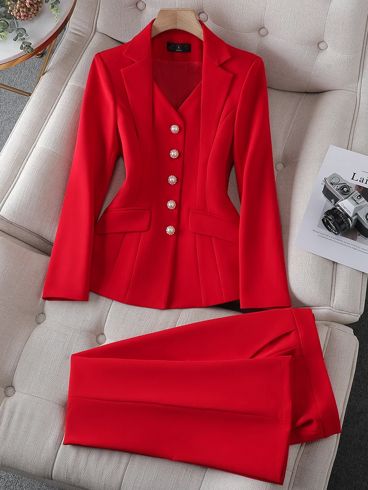 Fashion White Red Black Blazer Jacket And Pant Suit Trousers Women Female Office Ladies Work Wear Formal 2 Piece Set
