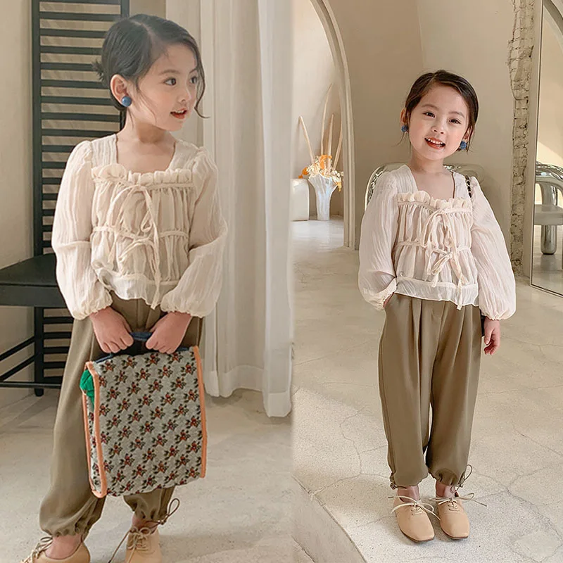 RiniLucia Toddler Kids Girls' Summer Clothes Outfit Sets Baby Pleated Tops Wide Leg Pants Suits for Girls Child Clothing Sets