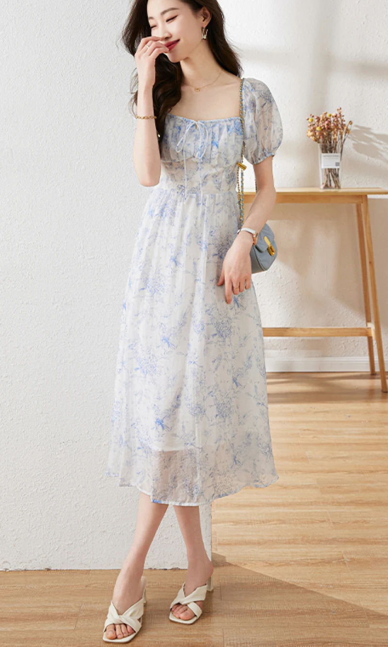 Женское шифоновое платье миди с квадратным вырезом элегантное французским