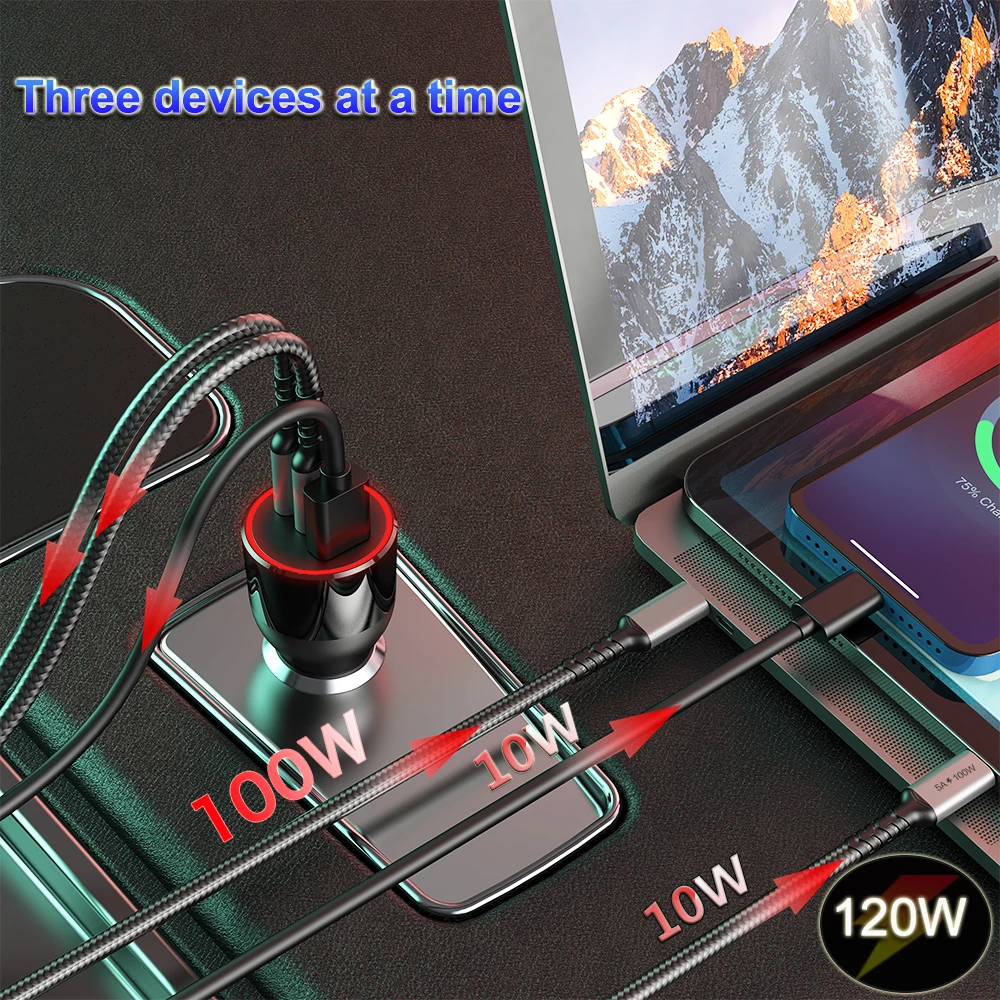 120w fast car charger 3 port usb quick charge ppspd 10065453020w qc3 0 18w for huawei xiaomi type c iaptop tablet iphone 12 free global shipping