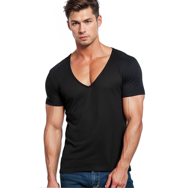 

2023 ​European And American Men Summer Deep V Neck Tshirt ShortSleeved Solid Color Cotton Gym Fitness Sports Running Boxing Top